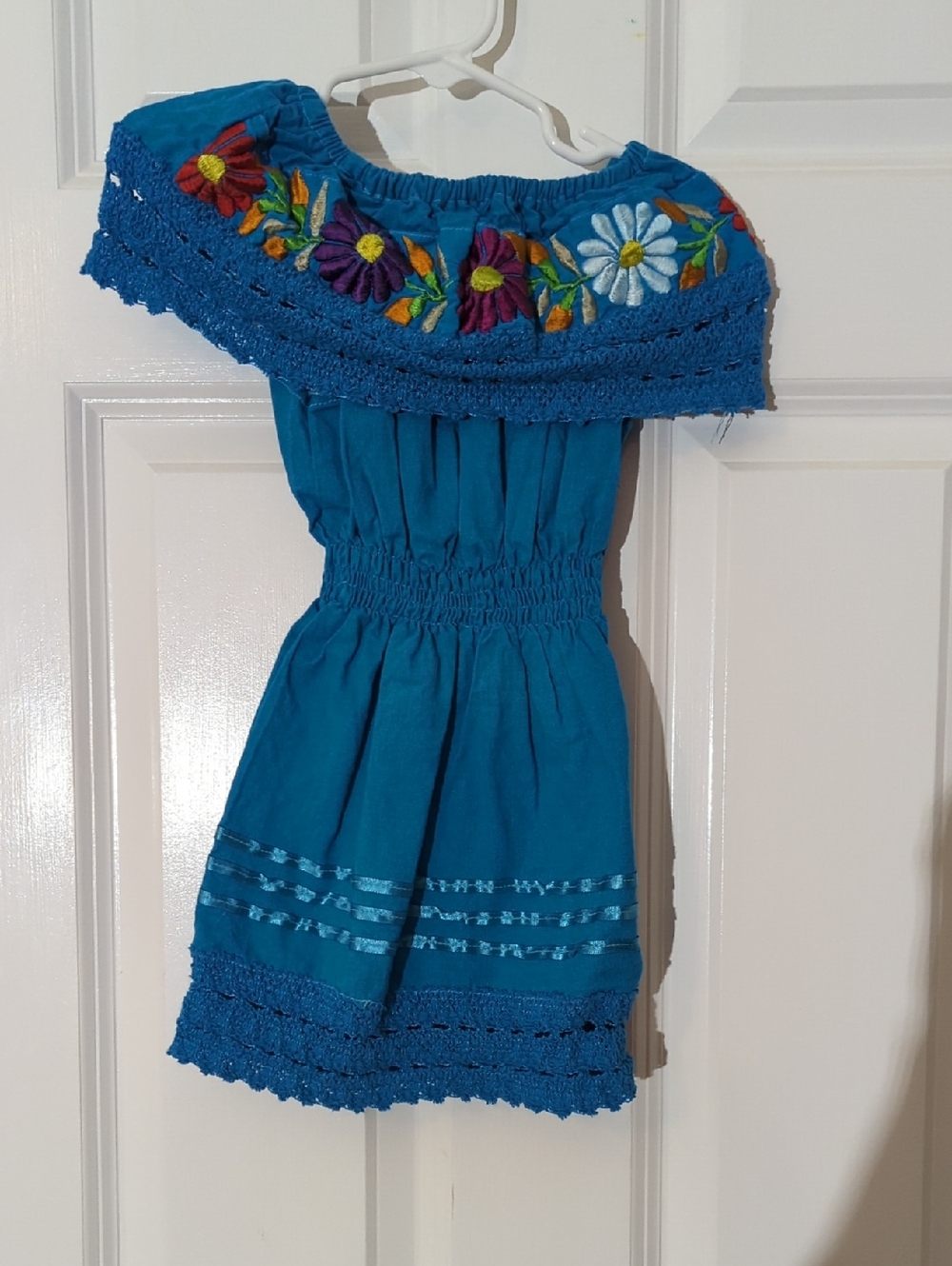 Girls latin style 2T Teal Off-Shoulder Embroidered Dress